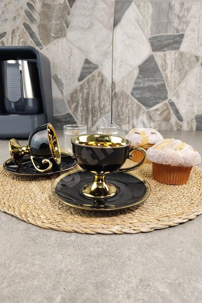 Digithome Porselen 2 Kişilik Yaldızlı Kahve Fincan Takımı Siyah - Ist-72 C320.049