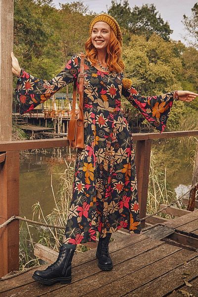 Los banditos Rochie de damă cu model floral, decolteu barcă, talie, mânecă spaniolă