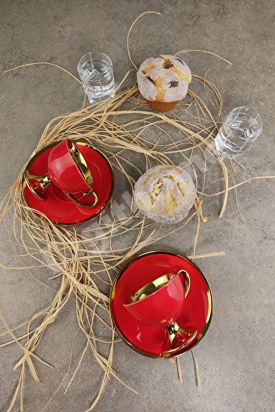 Digithome Porselen 2 Kişilik Yaldızlı Kahve Fincan Takımı Kırmızı - Ist-76 C320.049