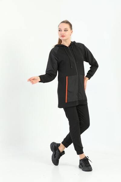 WestBound Siyah, Cep Ve Kol Deri Görünümlü Kanguru Cepli Kapüşonlu Eşofman Ta...