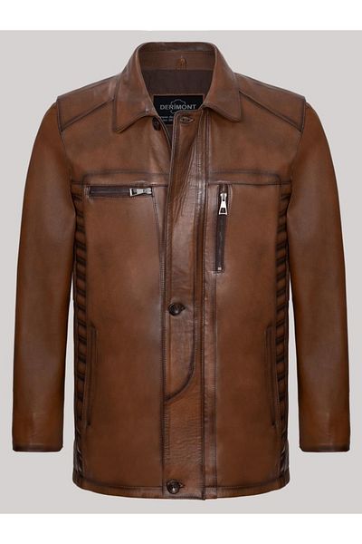 Derimont's Genuine Leather Tan Shirt Collar Buttoned Men's Leather Jacket