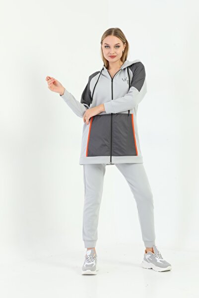 WestBound Gri, Cep Ve Kol Deri Görünümlü Kanguru Cepli Kapüşonlu Eşofman Takımı