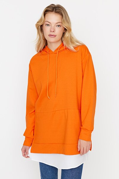 Trendyol Modest Hooded Orange Knitted Sweatshirt - Garni Detail, TCTAW23TW00181