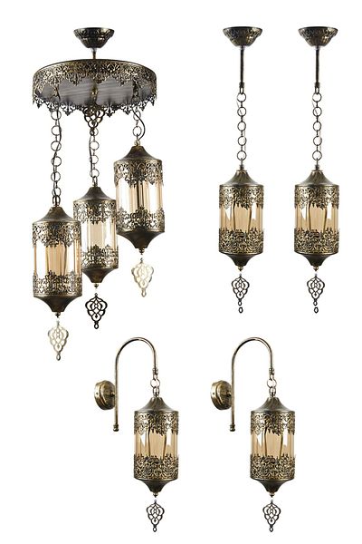 Uçar Authentic Style Ottoman Motif 1 Piece of 3 Chandeliers, 2 Pieces of Single Chandelier, 2 Pieces of Sconce Chandelier Set
