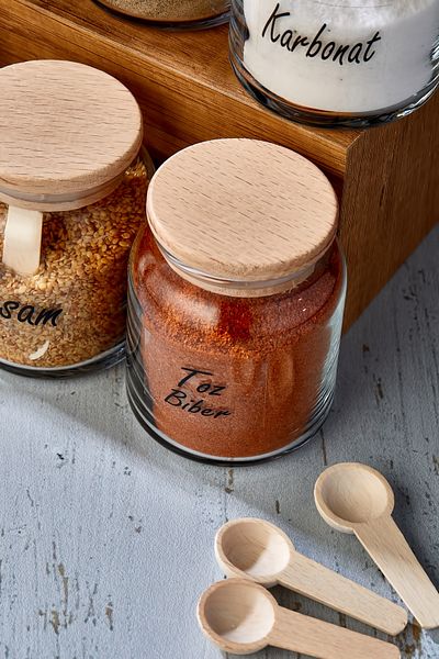 FBZhome 300 ml 12-Piece Jar with Wooden Lid and 12 Mini Spice Spoons 24-Piece Spice Set