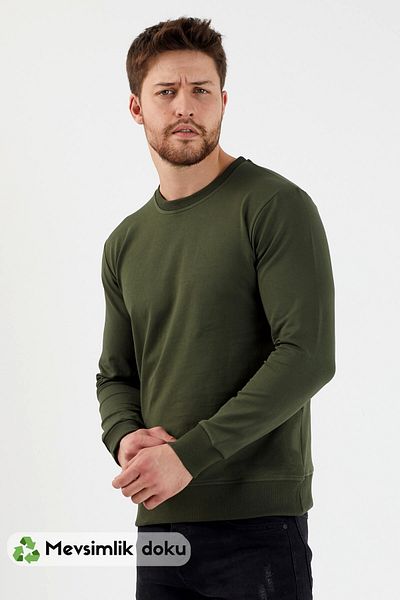 MRS CLOTHING Χακί ανδρικό φούτερ με λαιμόκοψη καθημερινά άνετο αθλητικό κανονικό μακρυμάνικο φούτερ