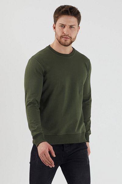 MRS CLOTHING Χακί ανδρικό φούτερ με λαιμόκοψη καθημερινά άνετο αθλητικό κανονικό μακρυμάνικο φούτερ