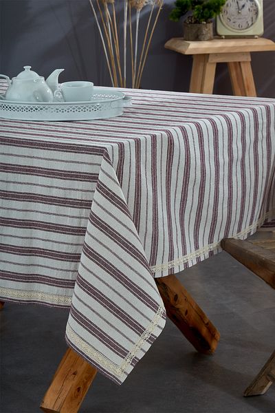 vivamaison Washed Cotton Burgundy Striped Ruched Tablecloth
