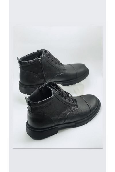 Pelin Ayakkabı Men's - BlacK Genuine Leather Zippered Winter Boots