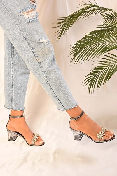 Shoeberry Women's Maggie Platinum Transparent Stone Heeled Single Strap Shoes