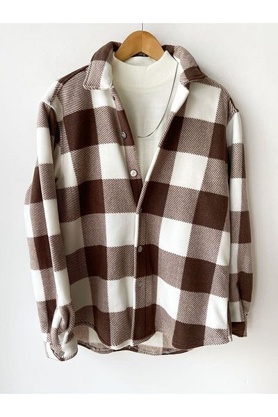 A&O Style Καφέ καρό Oversize Χειμερινό χοντρό φλις πουκάμισο
