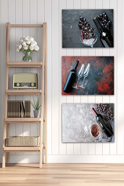 Conceptione 3 Parça Şarap Ve Üzüm Desenli Mdf Ahşap Tablo Seti