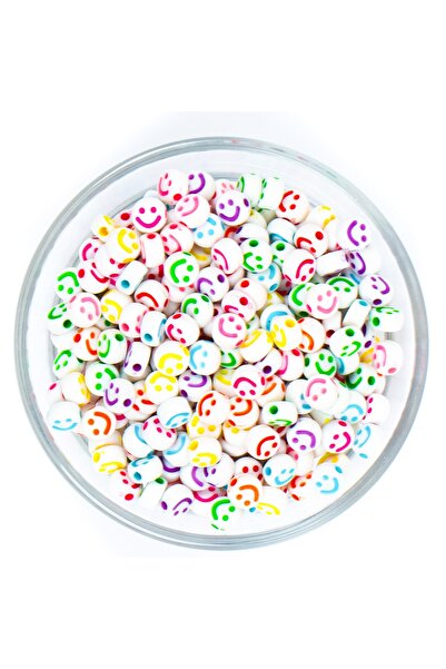 yfhobi 25 Gram- 7 Mm Beyaz Üzeri Renkli Gülenyüz Figürlü Yassı Plastik Boncuk...