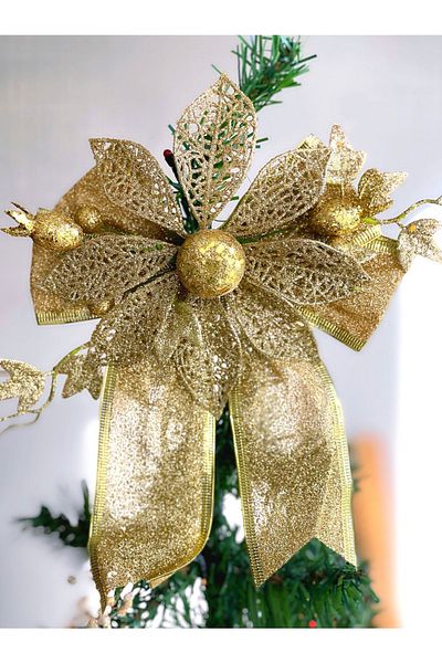 QUEEN AKSESUAR Imported Luxury Large New Year Christmas Pine Tree Flower Ornament Gold Glitter Decorative Flower Bow