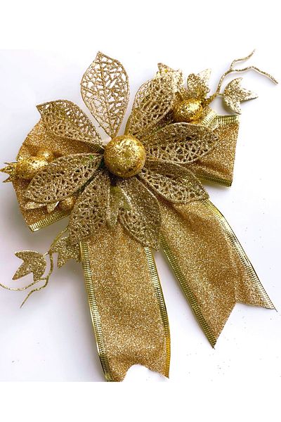 QUEEN AKSESUAR Imported Luxury Large New Year Christmas Pine Tree Flower Ornament Gold Glitter Decorative Flower Bow