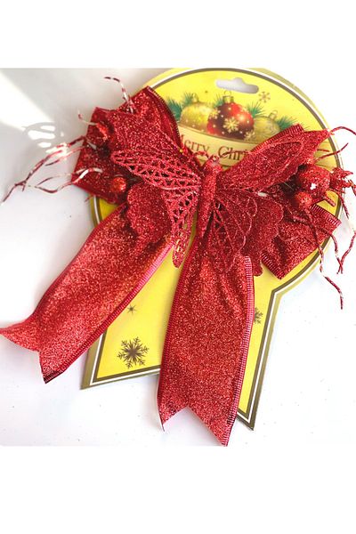 QUEEN AKSESUAR Imported Luxury Large New Year Christmas Pine Tree Butterfly Flower Ornament Red Glitter Decorative Flower Bow