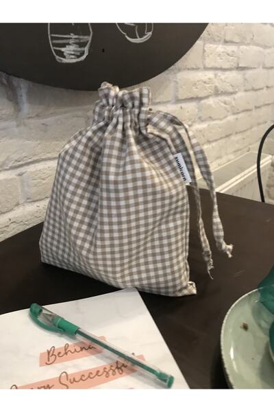 Sumicorn Design Bej Pötikareli Çevre Dostu Bez Keten Büzgülü Ipli Düzenleyici Kese,hediye Kesesi,makyaj Çantası