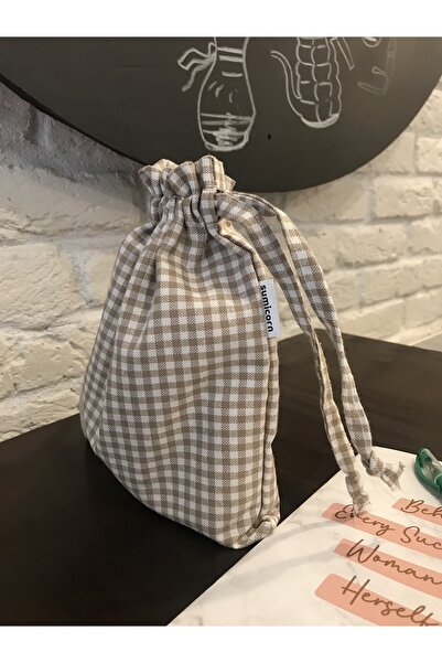 Sumicorn Design Bej Pötikareli Çevre Dostu Bez Keten Büzgülü Ipli Düzenleyici Kese,hediye Kesesi,makyaj Çantası