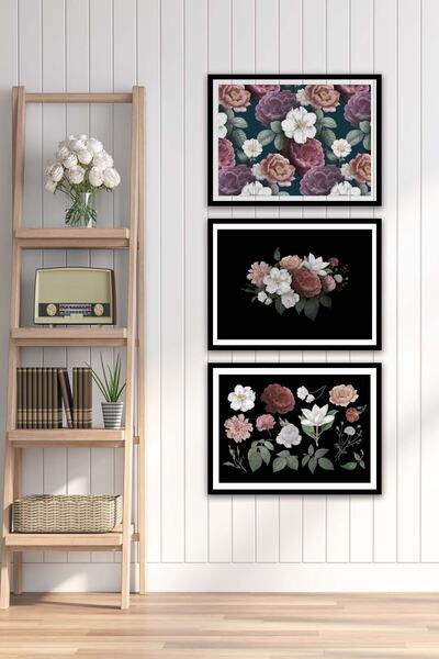 Conceptione 3 Parça Gül Ve Çiçek Tarzında Siyah Çerçeve Görünümlü Mdf Tablo Seti