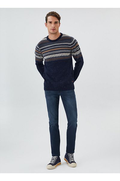 Lee Cooper Мъжки пуловер с О-образно деколте, жакардов, тъмносин, 231 Lcm 241003, Дариан, тъмносин