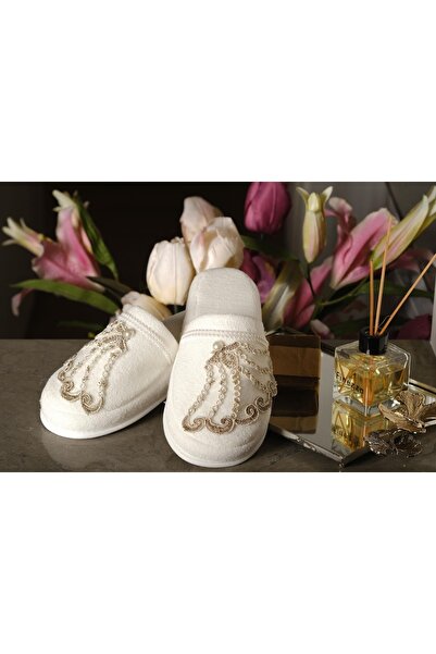 Finezza Papuci de casă din bumbac alb cu aplicații de perle Işıl, mărimea 38-40 - 1228