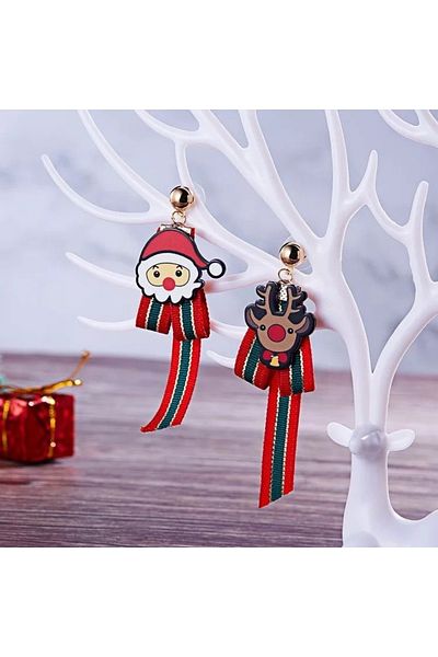 QUEEN AKSESUAR New Year's Eve Special Silver Pendant Lamp Ribbon Cute Deer Santa Claus Bow Earrings