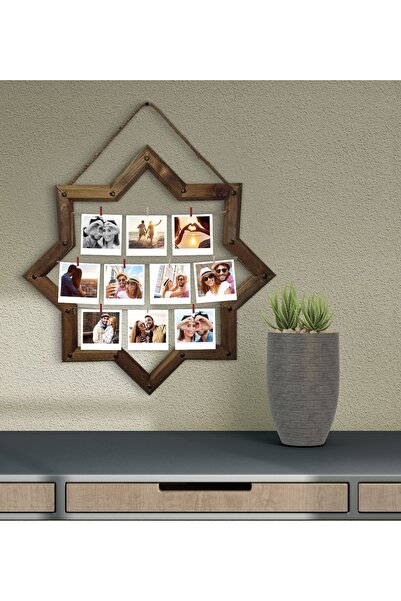 Bk Gift Gift Kişiye Özel 10 Fotoğraflı Doğal Ipli Mandallı Yıldız Ahşap Çerçeve
