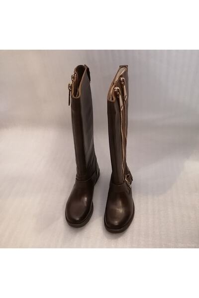 Butik Tülin Kadın Hakiki Deri Kahve Antik Çift Fermuarlı Bant Altın Toka Kauç...