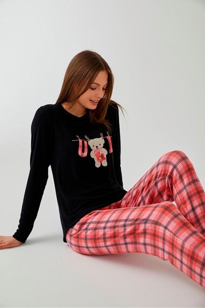 Pamuk & Pamuk Pink and Plaid Pajama Set with Black Applique
