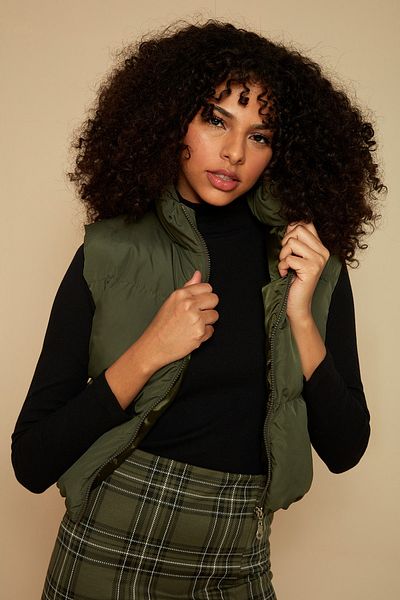 Select Moda Women's Khaki Stand Collar Puffer Vest with Pockets