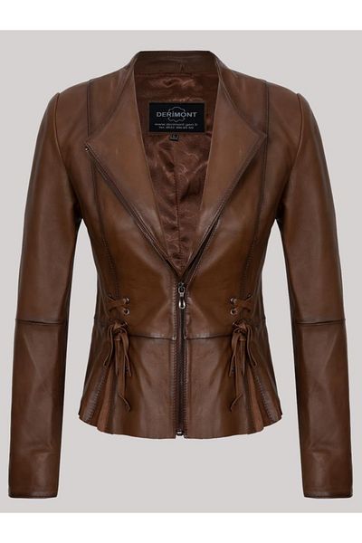 Derimont's Genuine Leather Brown Waist Detail Embroidered Zippered Women's Leather Jacket