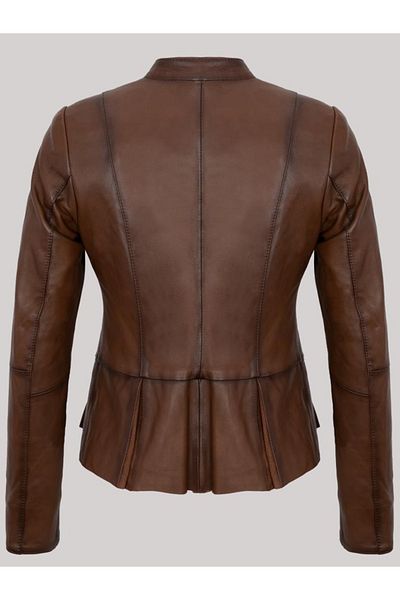 Derimont's Genuine Leather Brown Waist Detail Embroidered Zippered Women's Leather Jacket