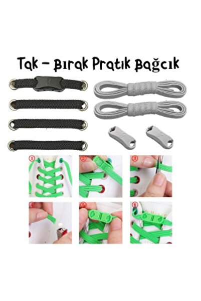 Ankanorm Pratik Ayakkabı Bağcığı Takbırak Bağcık Elastik Klipsli Lastikli Bot Çocuk Ayakkabı Bağcığı (GRİ)