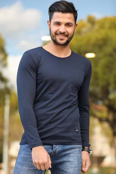 Factor Men's Navy Blue Slim Fit Crew Neck Combed Cotton Long Sleeve T-shirt F...