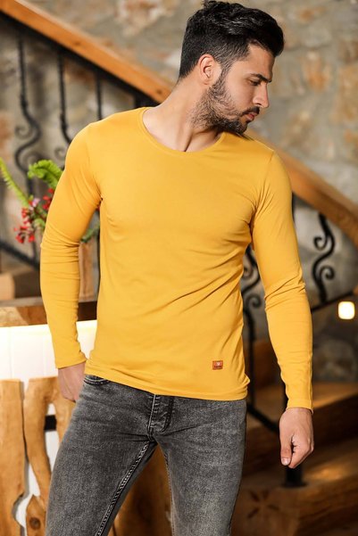 Factor Men's Mustard Slim Fit Crew Neck Combed Cotton Long Sleeve T-shirt F51549