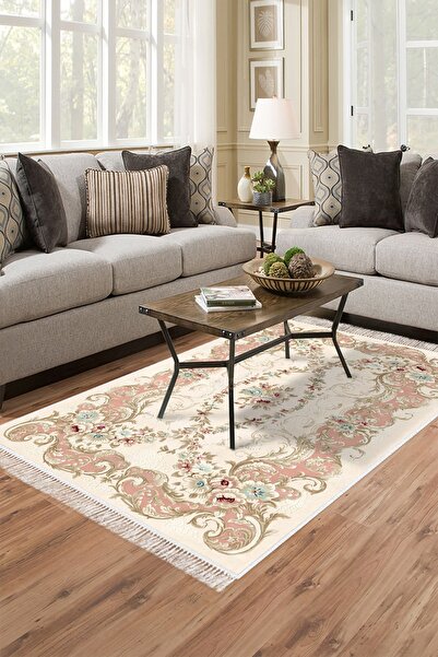 Dekoreko Pembe Dijital Saçaklı 1837 Desen Ipek Halı