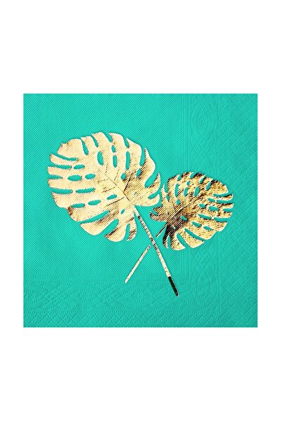 Story مجموعة من 16 منديلًا باللون الفيروزي مع نمط أوراق الشجر الذهبية