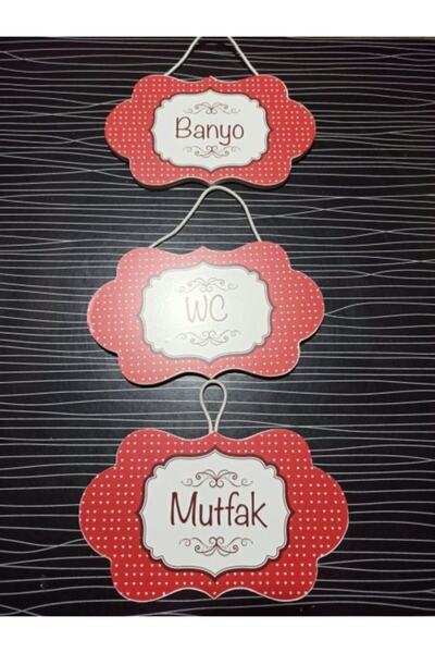 gik 3lü Set Oda Isimlik Mutfak Banyo Wc Kapı Isimliği Kırmızı