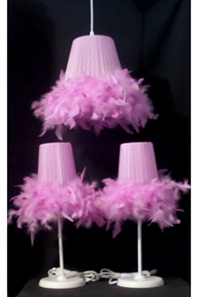 TEKAY AYDINLATMA Lila Tüylü Yatak Odası Avize Abajur Seti