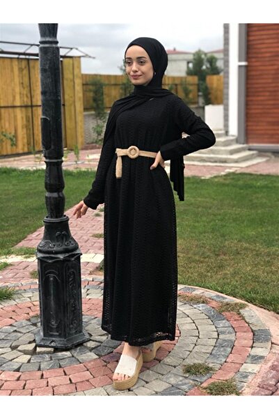 CNG MODA فستان دانتيل بحزام من القش باللون الأسود