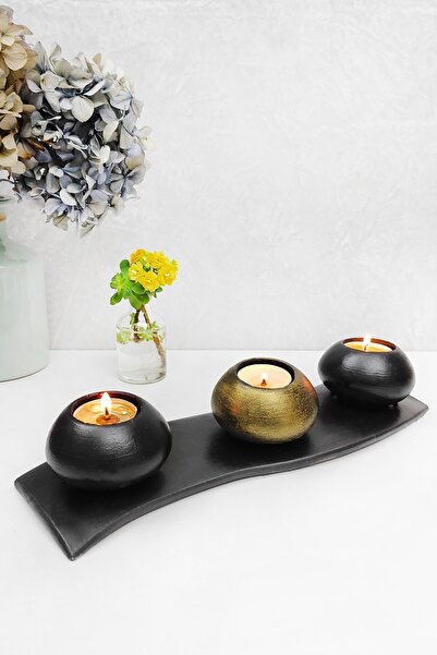Esafe Home 4 Parça Siyah Tabaklı Siyah & Altın Eskitme Beton Mumluk