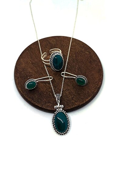 Artuklu Telkari 925 Ayar Gümüş Mardin Midyat Hasırı Doğal Taşlı Kadın 3'lü Set