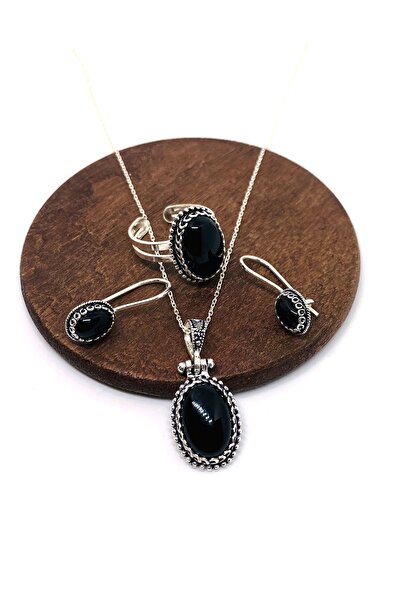 Artuklu Telkari 925 Ayar Gümüş Mardin Midyat Hasırı Doğal Taşlı Kadın 3'lü Set