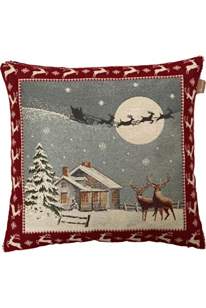 Believe Belıeve Karlı Ev Geyikli Goblen Kırlent 45*45 Cm