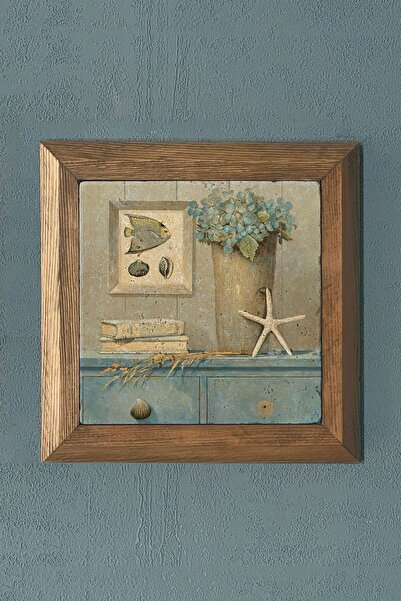 Oscar Stone Decor Deniz Temalı-masif Çerçeveli Taş Tablo-wall Decor- 28x28 Cm