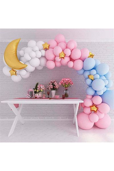 Çemrek Süs Parti Unicorn Macaron Moon Star Foil Balloon Chain - Birthday Balloon Chain 132 Pieces Balloon-chain-pump