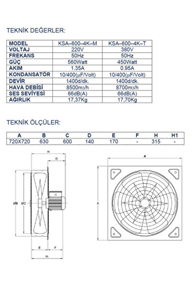 AYAS 60 Cm Kare Sanayi Tipi Aspiratör 380 Volt Trifaze