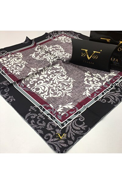 19V69 ITALIA Gray Claret Red Twill Scarf Black Series 90x90 Cm With Scarf Hanger And Gift Set
