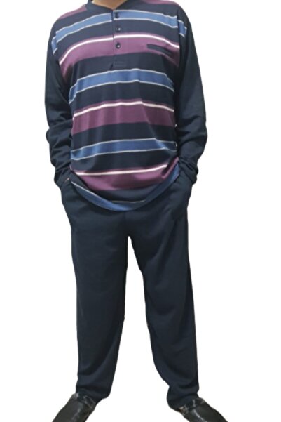 MAGİCAL STORY 100% Cotton Navy Blue Long Sleeve Oversize Men's Pajama Set