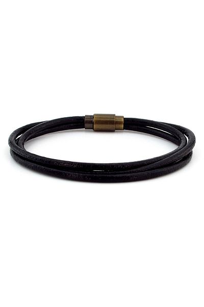 Solfera Black Original Leather 3 Row Bronze Clip Men's Bracelet M004d